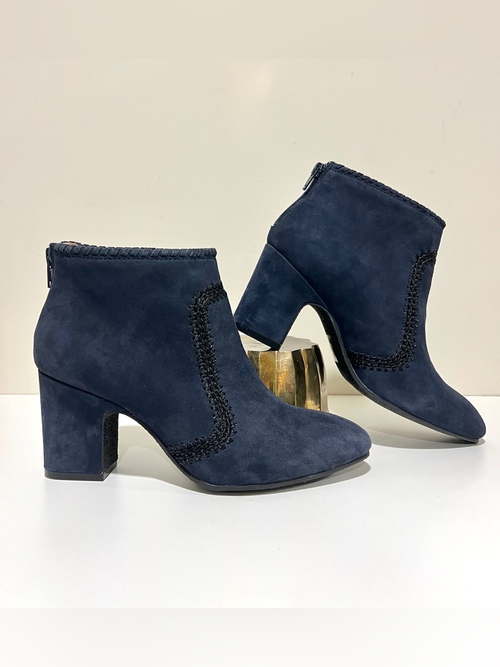 Jack Rogers Womens Size 6.5M Navy Blue Suede Whipstitch Block Heel Ankle Boots